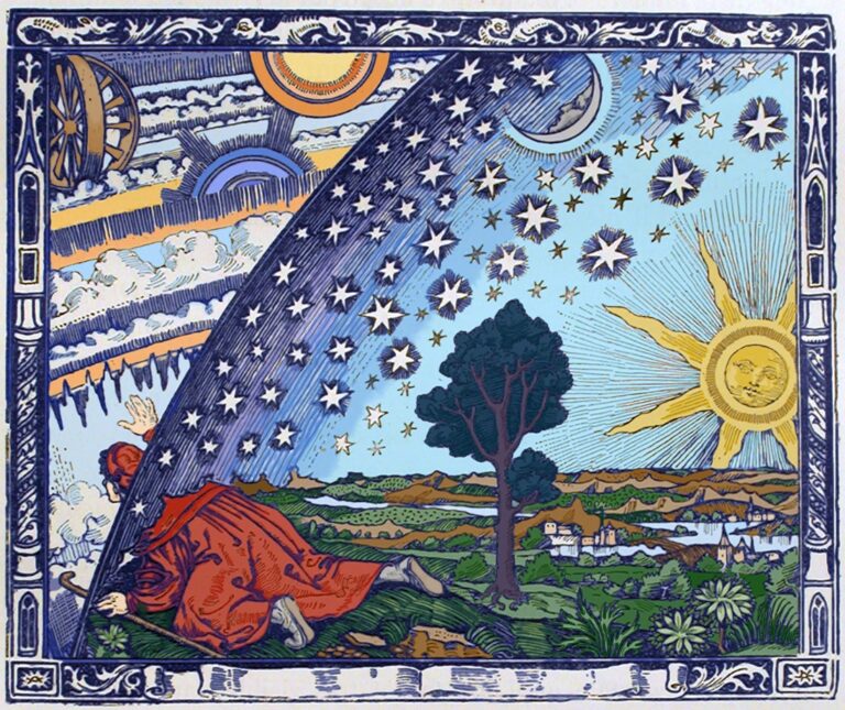 A woodcut from <em>L'Atmosphere: Météorologie Populaire</em> by Camille Flammarion. The illustration is of a dome of stars with a landscape underneath it. A man has his head stuck out of the dome looking up at the universe beyond.