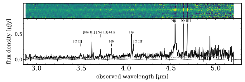 A scientific plot showing a spectrum. The spectrum gently slopes down from left to right with jagged variations except for a few particularly strong emission lines that are annotated.