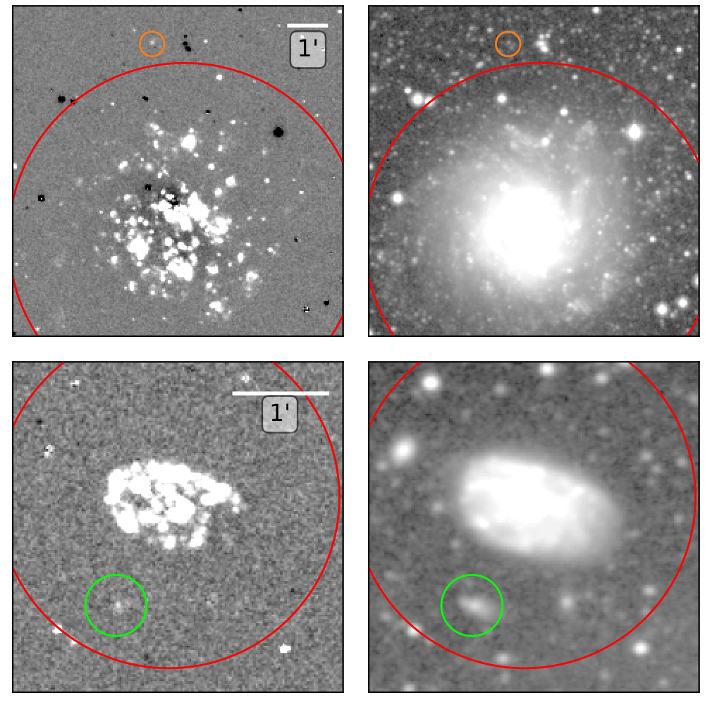 A two-by-two grid of images. The top row focuses on NGC 5474 and the bottom row focuses on NGC 5486. The left column shows an H-alpha image and the right column shows a broadband image.